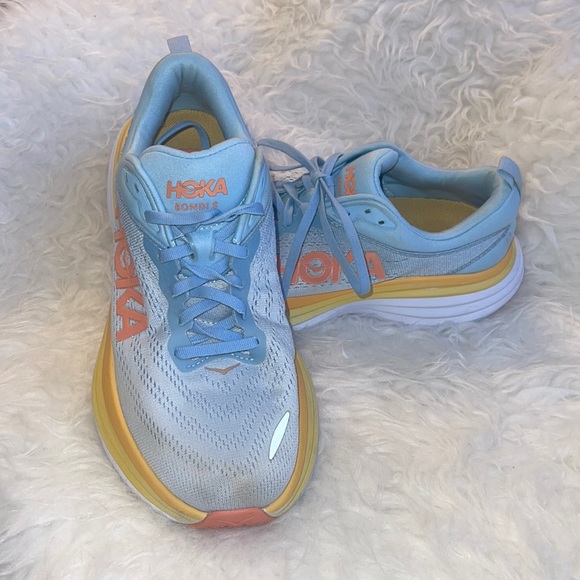 Hoka Shoes Hoka Bondi 8 85 Wide Light Blue Orange Yellow